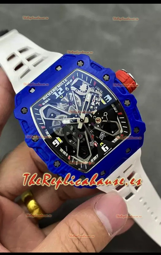 Richard Mille RM35-02 Rafael Nadal Caja de Fibra de Carbono Azul Reloj Réplica a Espejo 1:1 en Correa Blanca