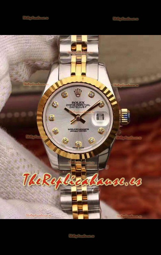 Rolex Datejust Ladies 28MM Movimiento Cal.3135 Réplica Suiza en Acero 904L Caja en Oro Amarillo de Dos Tonos