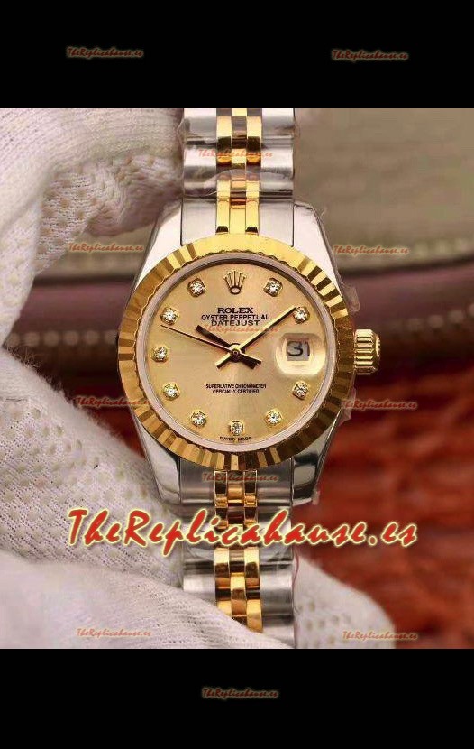 Rolex Datejust Ladies 28MM Movimiento Cal.3135 Réplica Suiza en Acero 904L Caja en Oro Amarillo de Dos Tonos