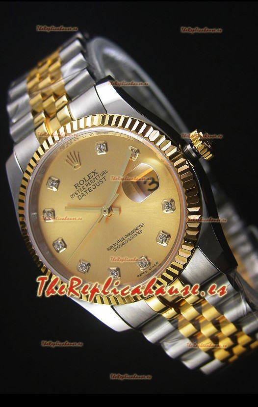Rolex Datejust Reloj Réplica Japonés - Dial en Oro chapado en dos Tonos en Caja 36MM