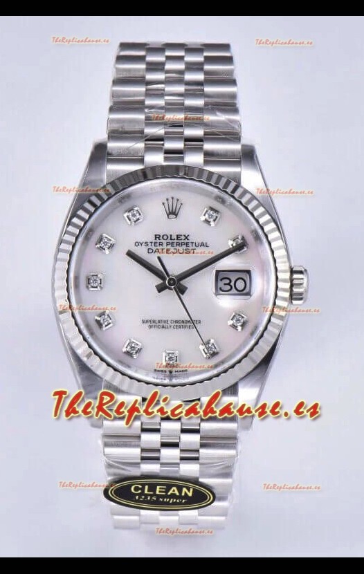 Rolex Datejust 126234 36MM Replica Suiza en Acero 904L en Dial Blanco Perla Réplica a Espejo 1:1