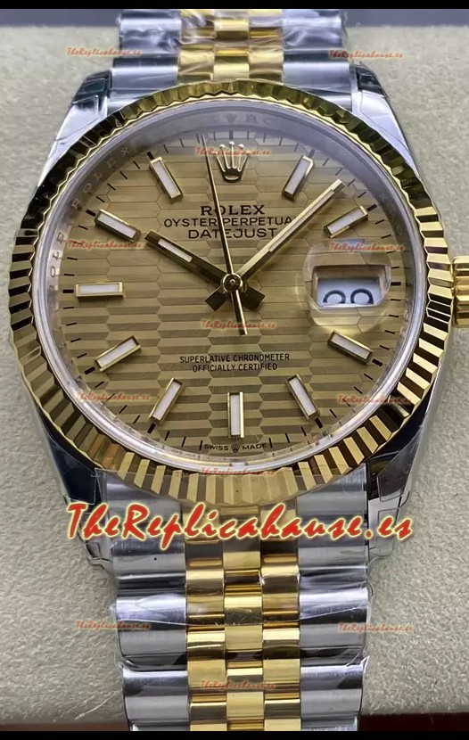 Rolex Datejust Movimiento Cal.3235 Réplica a Espejo 1:1 Acero 904L 36MM - Dial Dorado con Motivo Estriado