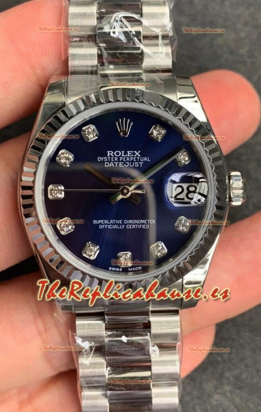 Rolex Datejust 31MM Movimiento ETA-2671 Reloj Réplica Suizo en Acero 904L Dial Azul 