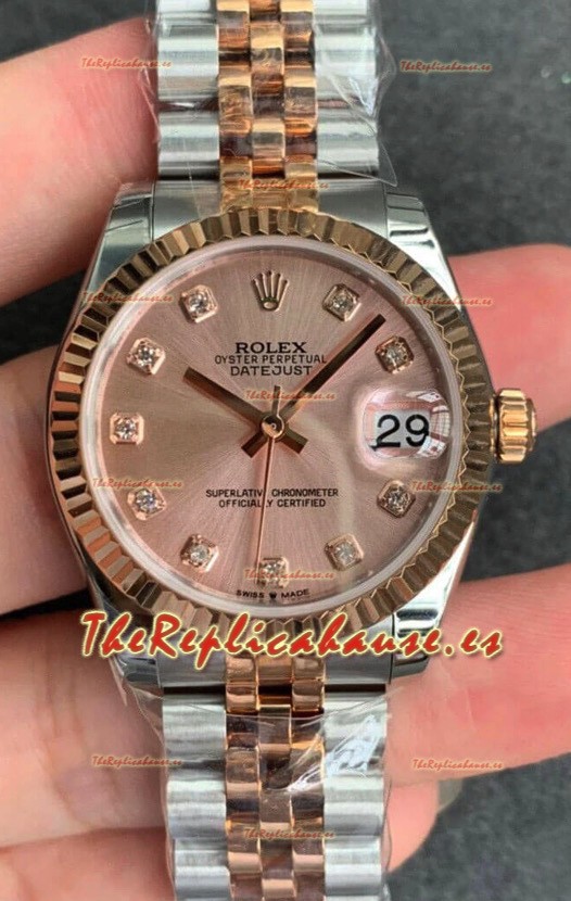 Rolex Datejust 31MM Movimiento ETA-2671 Reloj Réplica Suizo en Acero 904L Oro Rosado de Dos Tonos Dial Oro
