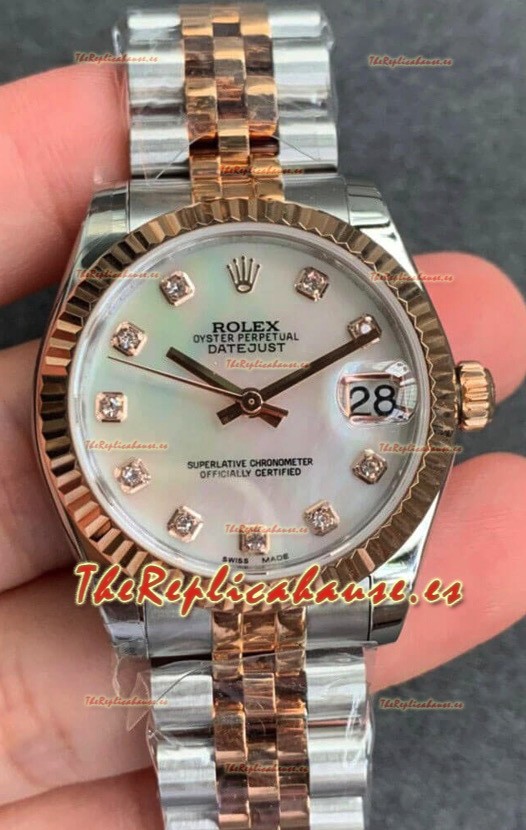 Rolex Datejust 31MM Movimiento ETA-2671 Réplica Suizo en Acero 904L Oro Rosado Dos Tonos Dial Perla