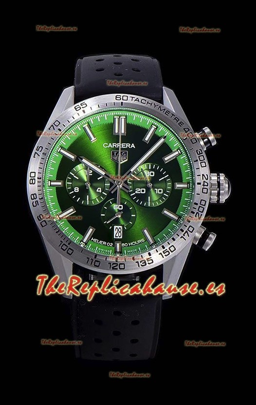 Tag Heuer Carrera Movimiento Cuarzo Suizo Reloj Réplica Dial Verde - Correa de Goma Negra