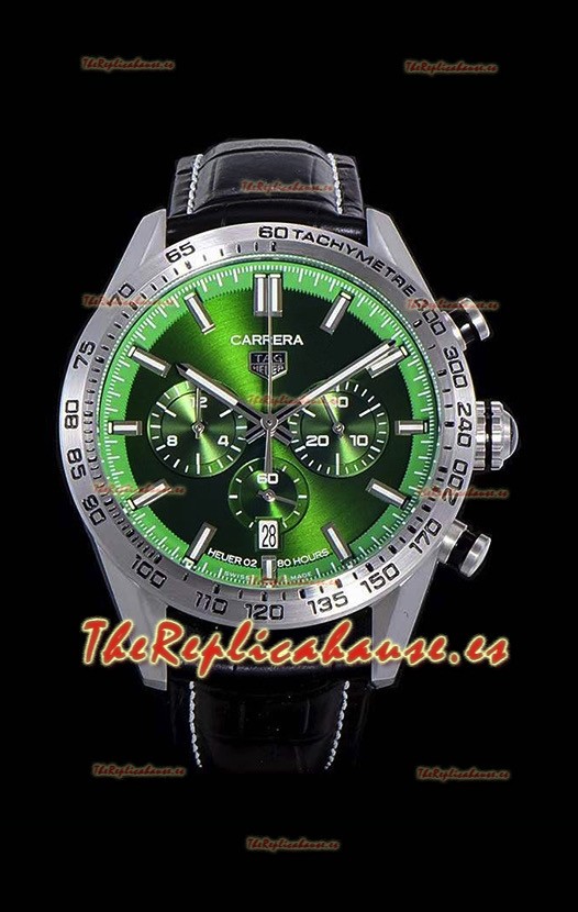 Tag Heuer Carrera Movimiento Cuarzo Suizo Reloj Réplica Dial Verde - Correa de Goma Negra