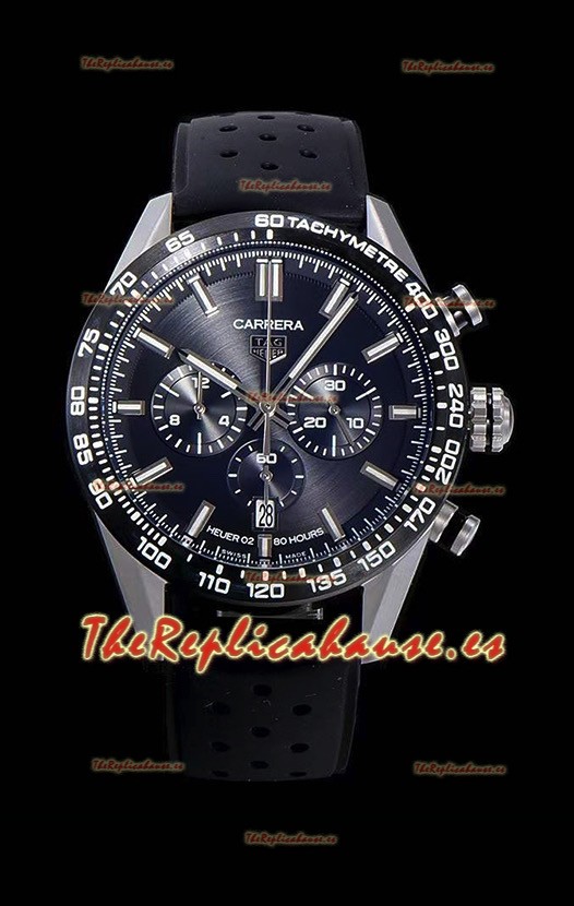 Tag Heuer Carrera Reloj Réplica Movimiento de Cuarzo Suizo Dial Negro - Correa de Goma Negra