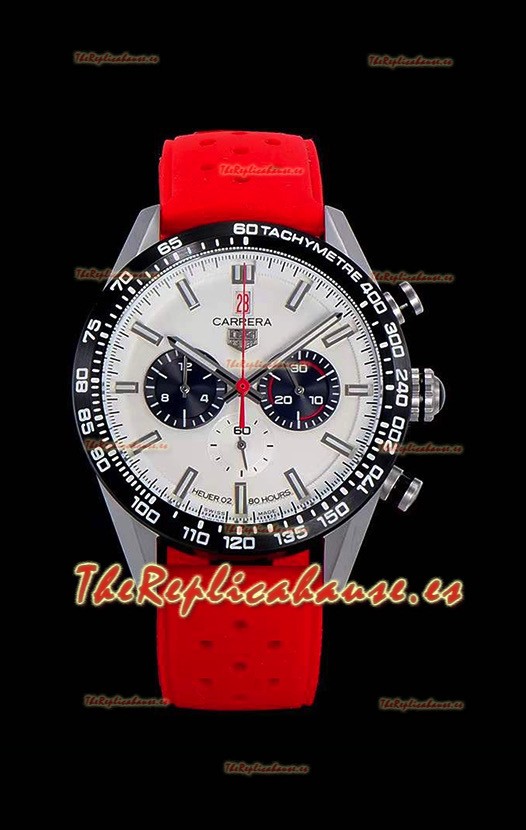 Tag Heuer Carrera Movimiento Cuarzo Suizo Reloj Réplica Dial Blanco - Correa de Goma Roja