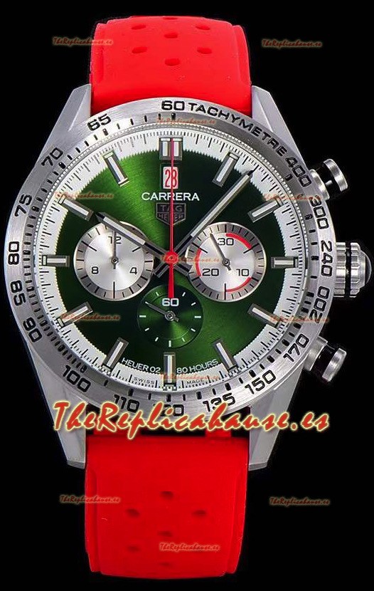 Tag Heuer Carrera Movimiento Cuarzo Suizo Reloj Réplica Dial Verde - Correa de Goma Roja