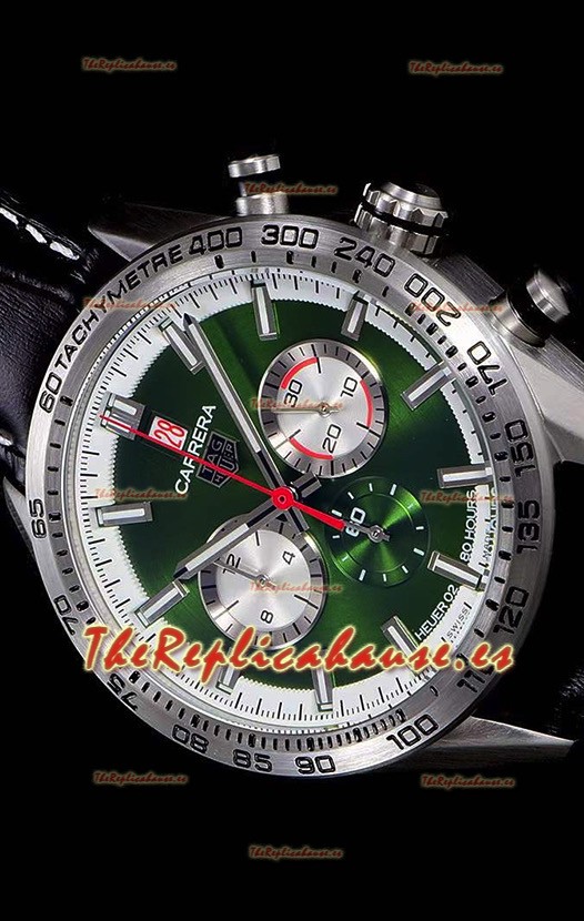 Tag Heuer Carrera Movimiento Cuarzo Suizo Reloj Réplica Dial Verde - Correa de Goma Negra