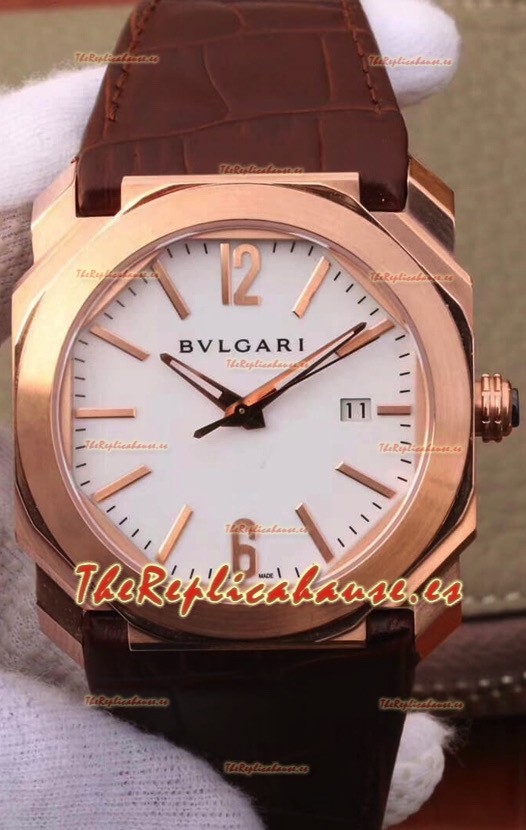 Bvlgari Octo Edición Roma Edition Reloj Réplica a Espejo 1:1 en Oro Rosado - Dial Blanco