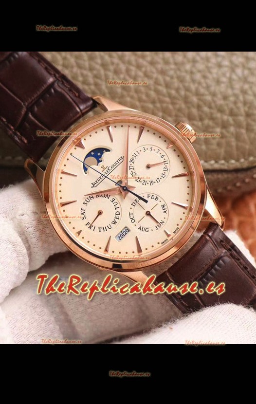 Jaeger LeCoultre Master Ultra Fino Calendario Perpetual Reloj Réplica Suizo en Dial Amarillo palido