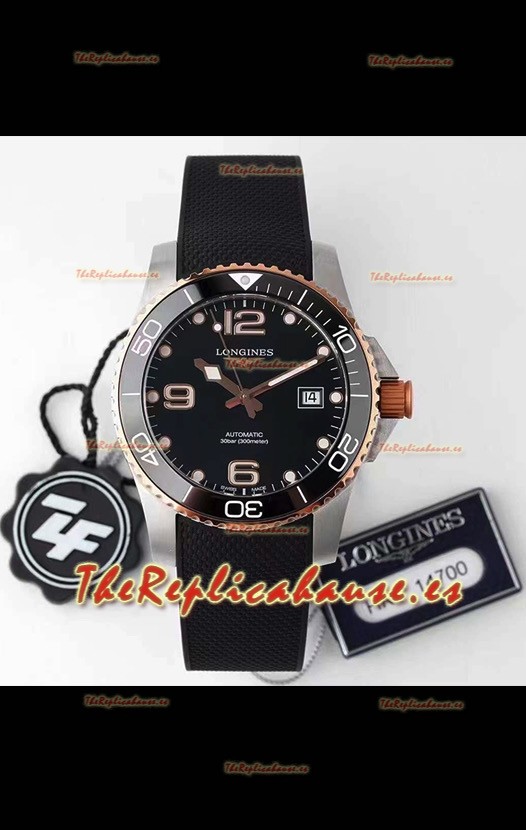 Longines HydroConquest Reloj Réplica Suizo a Espejo 1:1 Dial Negro Correa de Goma Bisel en Oro Rosado