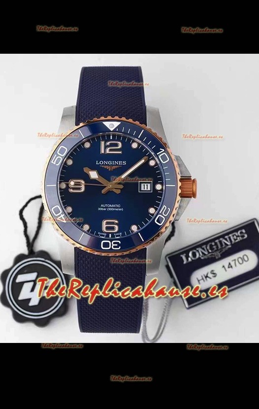 Longines HydroConquest Reloj Réplica Suizo a Espejo 1:1 Dial Azul Correa de Goma Bisel en Oro Rosado