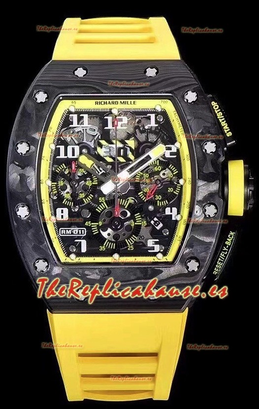 Richard Mille RM011 Felipe Massa Calidad a Espejo 1:1 Caja de Carbono Forjado de una Sola Pieza color Negro Correa Amarilla