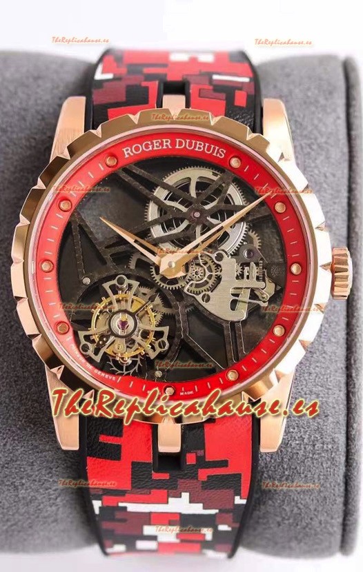 Roger Dubuis Excalibur Spider Flying Tourbillon Caja tipo Skeleton Caja de Oro Rosado Reloj Suizo a Espejo 1:1
