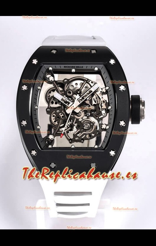 Richard Mille RM055 Caja Cerámica Negra Reloj Réplica a Espejo 1:1 Correa Blanca