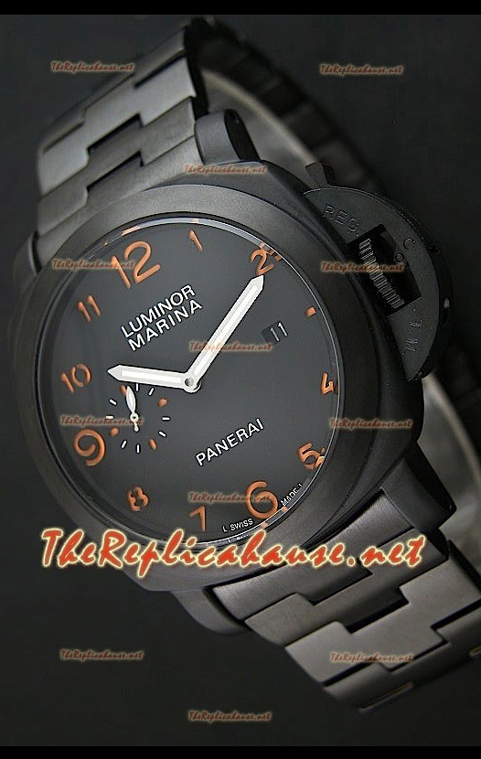Reloj de esfera negra Panerai Luminor Marina Black con marcadores de hora naranjas.