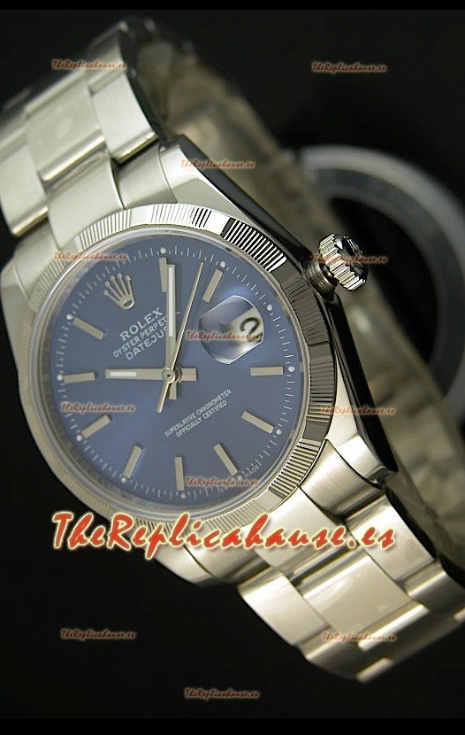 Rolex Réplica Datejust Reloj Suizo Carcasa Azul con Marcadores de Palillo