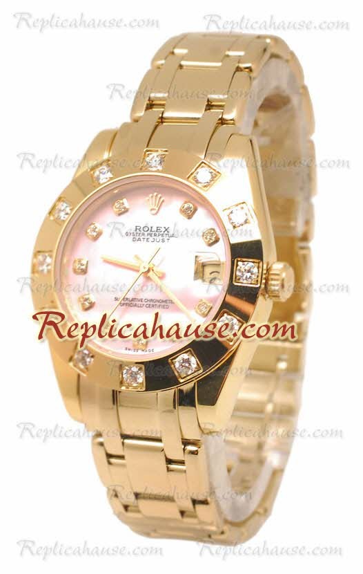 Pearlmaster Datejust Rolex Reloj Suizo en Oro Amarillo con Dial Rosa Perlado - 34MM