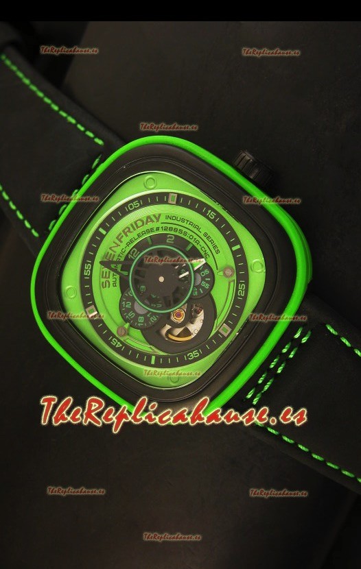 SevenFriday P-32 Movimiento Original Miyota 82S7, Verde y Negro - Calidad Espejo 1:1