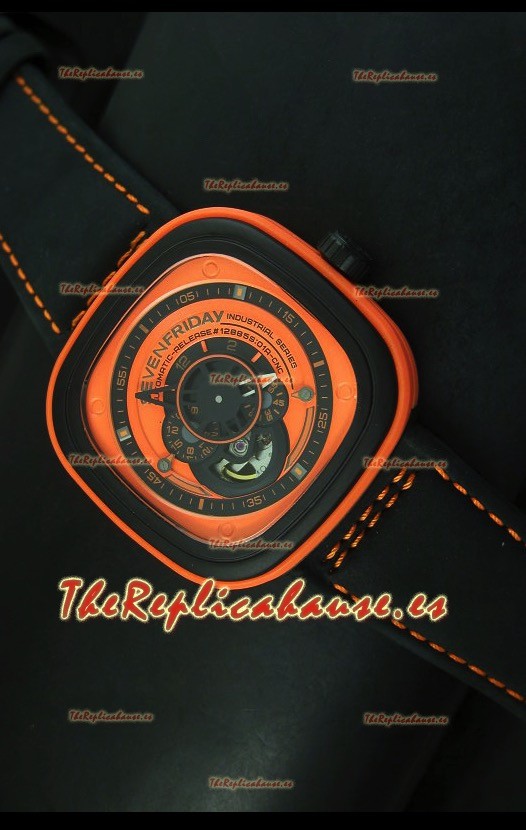 SevenFriday P-32 Movimiento Original Miyota 82S7, Naranja y Negro- Calidad Espejo 1:1