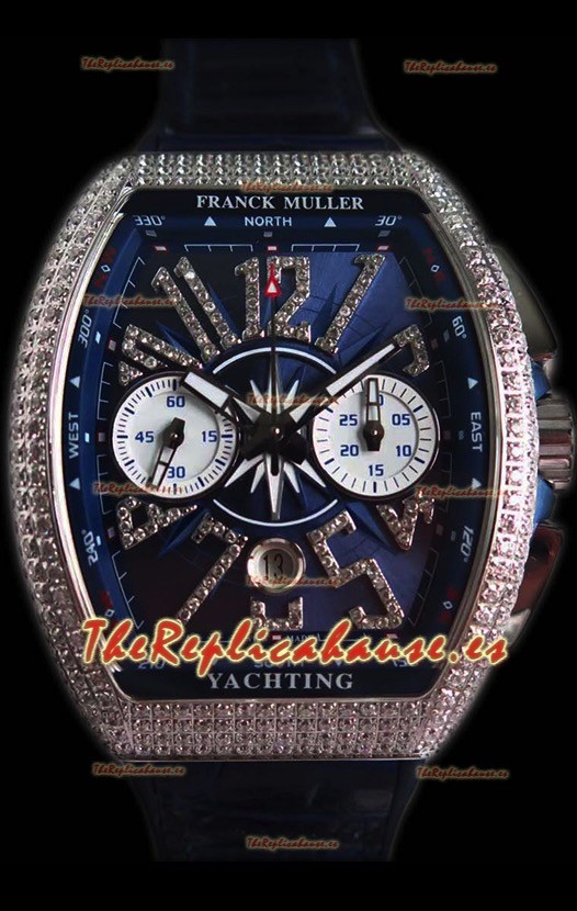 Franck Muller Vanguard Chronograph Reloj Suizo con Diamantes Dial color Azul en Acero 904L