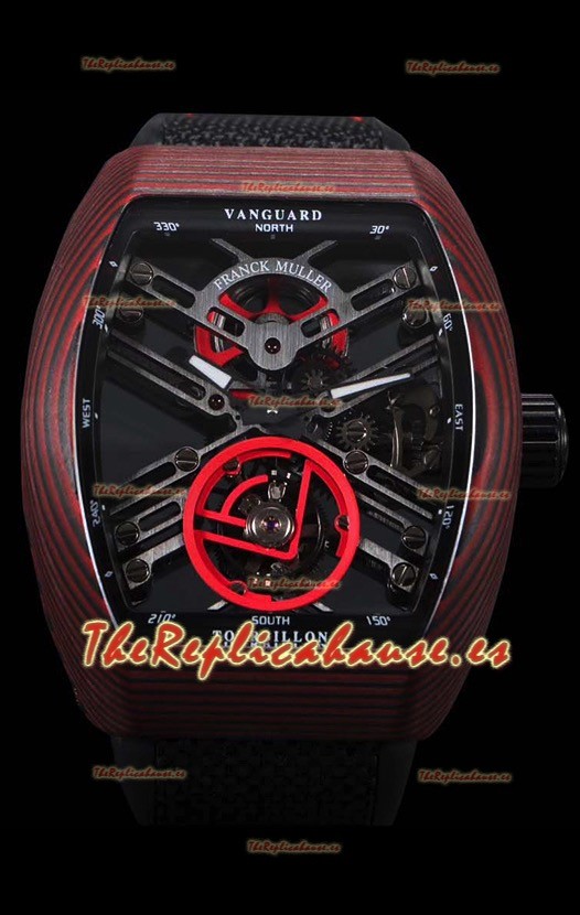 Franck Muller Vanguard Skeleton Tourbillon Reloj Réplica Suizo Rojo Carbono