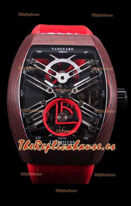 Franck Muller Vanguard Skeleton Tourbillon Reloj Réplica Suizo Rojo Carbono
