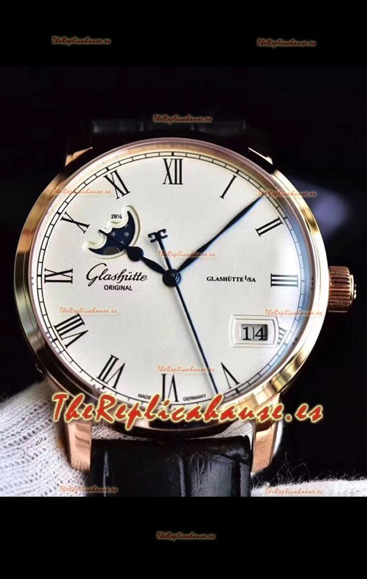 Glashuette Senator Excellence Panorama Date Moon Phase Oro Rosado Reloj Suizo