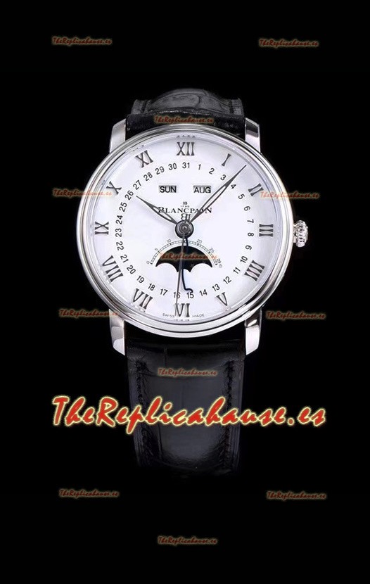 Blancpain "Villeret Quantième Complet" Reloj Suizo de Acero 904L con Dial Blanco