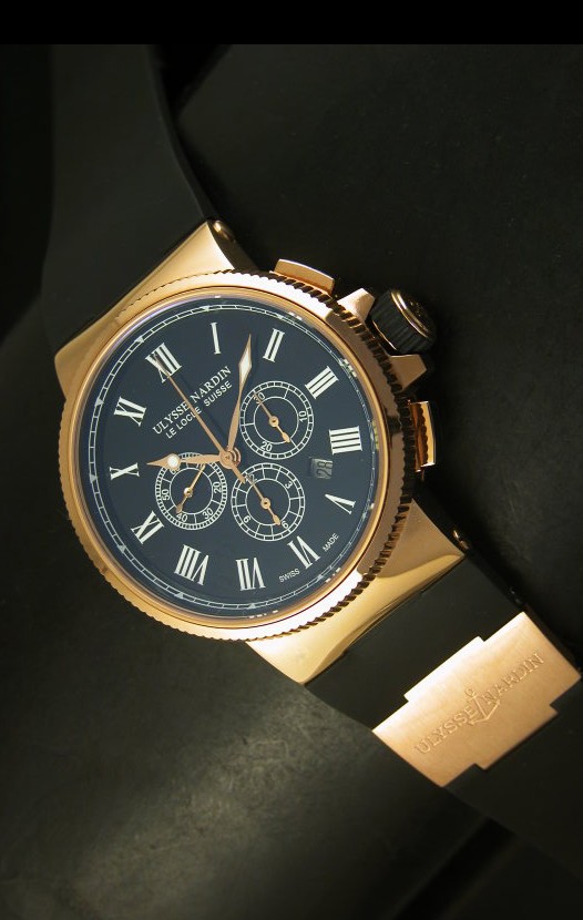 Ulysse Nardin Marine Cronógrafo en Oro Rosado, Dial Negro Numeros Romanos - Réplica Escala 1:1