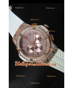 Hublot Big Bang Reloj en Oro Rosado Movimiento de Cuarzo en Correa Blanca