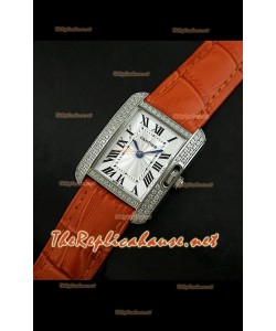 Cartier Tank Française para damas malla bisel de diamantes estuche de acero.