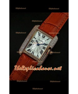 Cartier Tank Française para damas malla bisel de diamantes estuche dorado