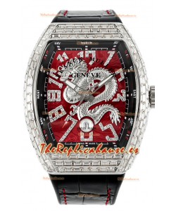 Franck Muller Vanguard Yachting Dragon V45 Dial Rojo con Bisel Cuadrado Diamantes Réplica Suiza