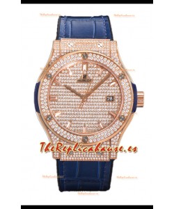 Hublot Classic Fusion Automático Dial Oro Rosado pavimentado en Diamantes Correa Azul 42MM Reloj Superclone Réplica