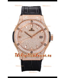Hublot Classic Fusion Automático Dial Oro Rosado pavimentado en Diamantes Correa Negra 42MM Reloj Superclone Réplica 