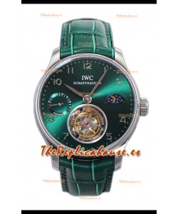 IWC Portugese Hand-Wound Genuino Tourbillon Dial Verde Caja Acero Reloj Réplica Suiza 