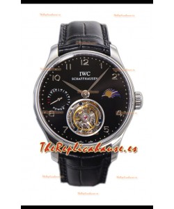IWC Portugese Hand-Wound Genuino Tourbillon Dial Negro Caja Acero Reloj Réplica Suiza 