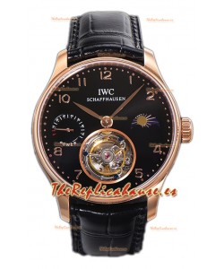 IWC Portugese Hand-Wound Genuine Tourbillon Dial Negro Caja Oro Rosado Reloj Réplica Suiza 