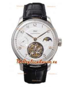 IWC Portugese Hand-Wound Genuino Tourbillon Dial Blanco Caja Acero Reloj Réplica Suiza 