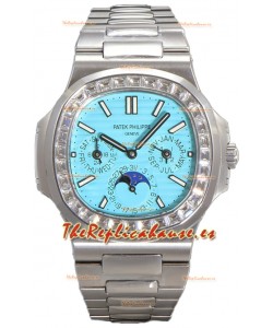 Patek Philippe Nautilus 5740 Perpetual Calendar Oro Blanco Dial Tiffany Bisel Diamantes Reloj Réplica Suiza 