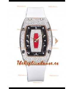 Richard Mille RM007 Reloj Suizo Superclone Acero 904L Dial Rojo Diamantes Pavimentados Correa Blanca