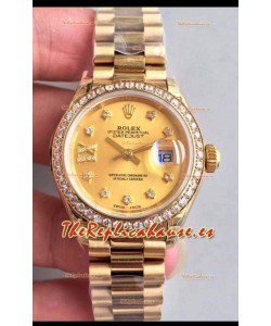 Rolex Datejust Ladies 28MM Movimiento Cal.3135 Réplica Suiza en Dial Gris - Caja en Acero 904L Oro Amarillo