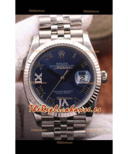 Rolex Datejust 36MM Movimiento Cal.3135 Reloj Réplica Suizo en Acero 904L Dial Azul en Acero y Romanos