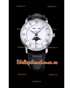 Blancpain "Villeret Quantième Complet" Reloj Suizo de Acero 904L con Dial Blanco