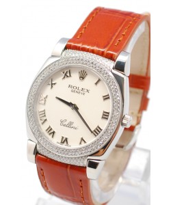 Rolex Celleni Cestello Reloj Suizo Señoras con Esfera Blanca Romana, Correa de Piel, Diamantes en Bisel y Terminales
