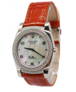 Rolex Celleni Cestello Reloj Suizo Señoras con Esfera Perla beige, Correa de Piel, Diamantes en Bisel y Terminales